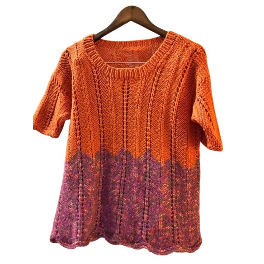 Handmade Two Tone Chunky Knit Short Sleeve Sweater Orange Purple Marled Crewneck